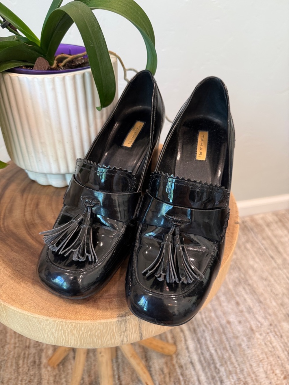 Tahari Black Patent Tassel Loafer Heels